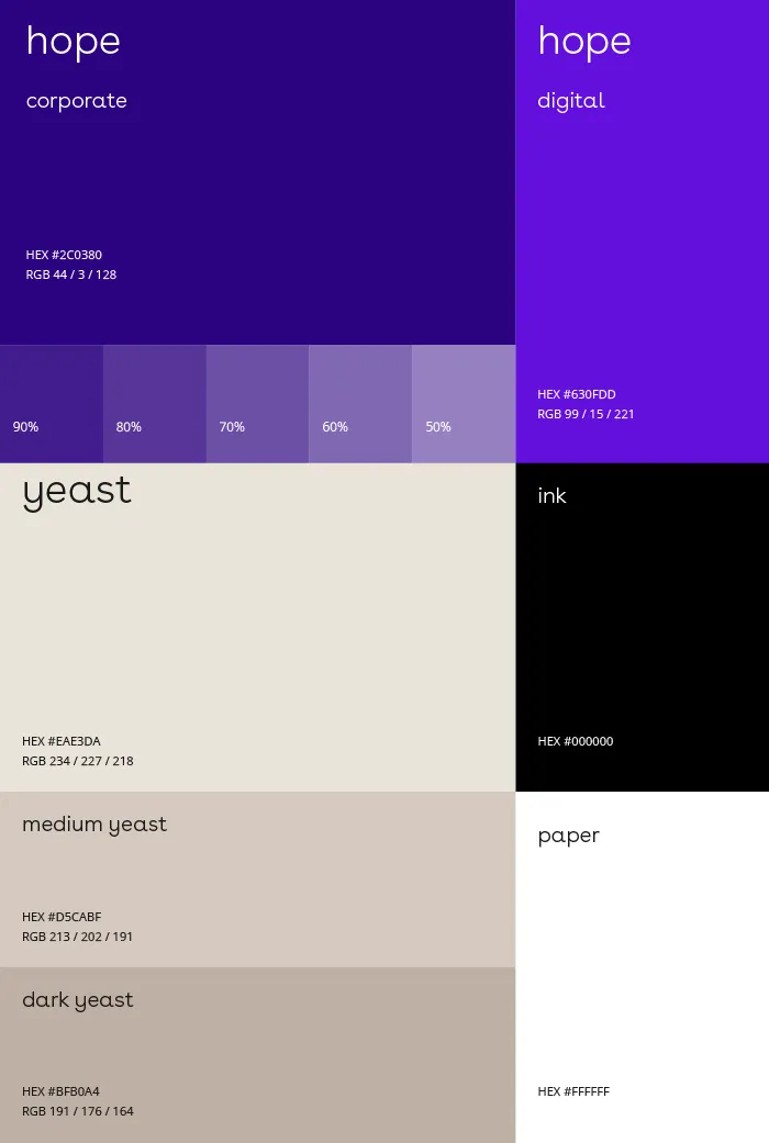 EvodiaBio palette: hope corporate and digital purples, yeast tones, ink and paper