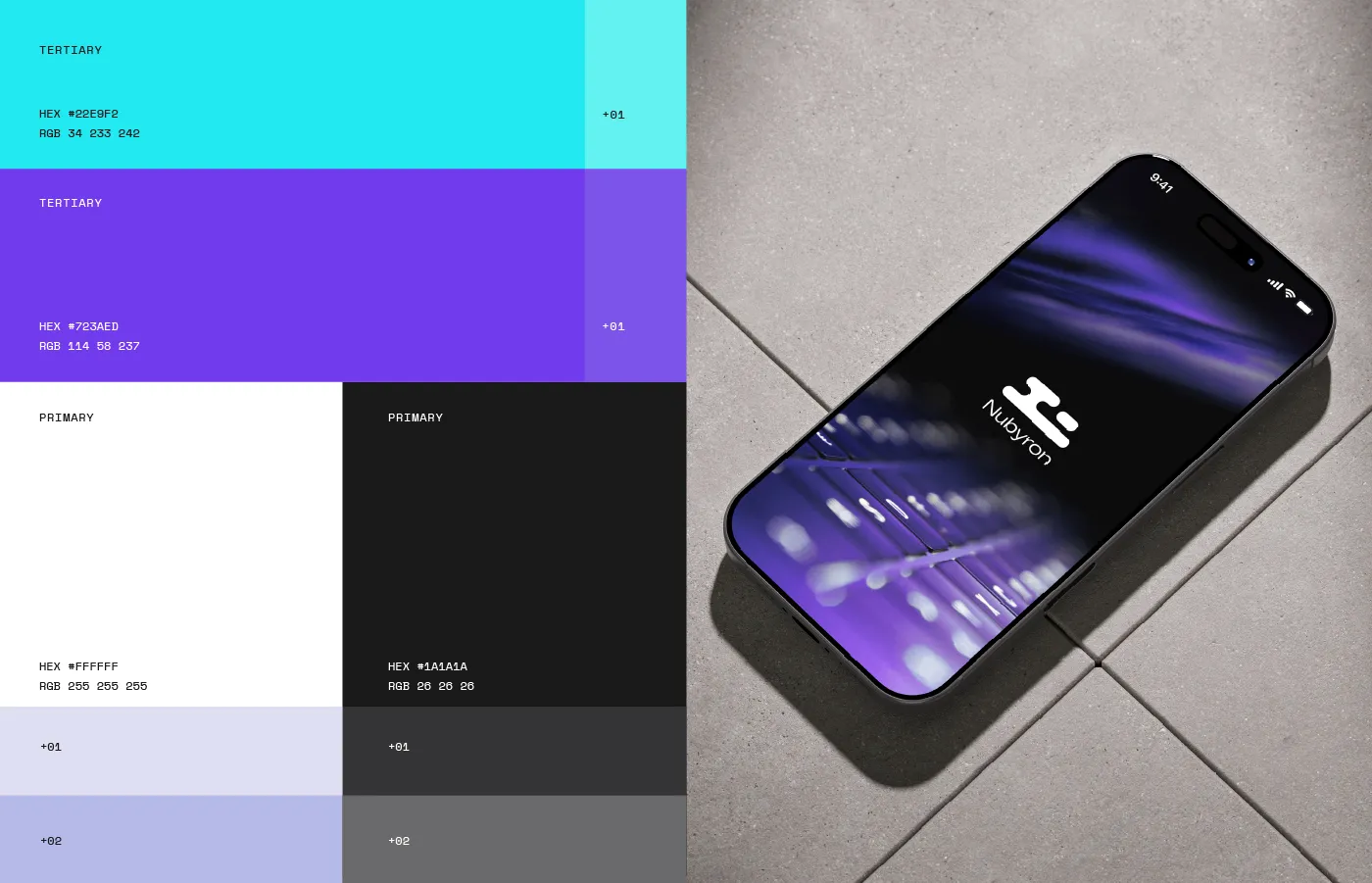 Colour chart with primaries, accents and tints, next to a phone showing the Nubyron isotype