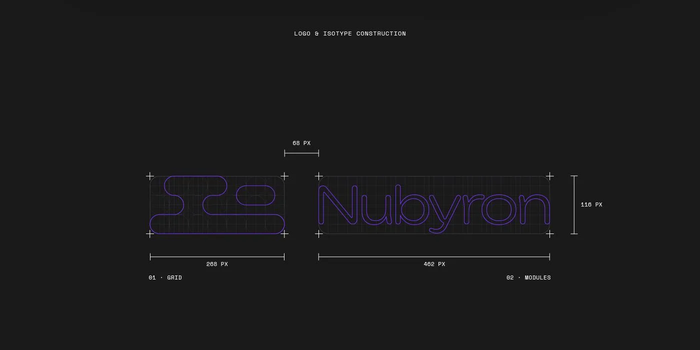 Logotype and isotype construction on a modular grid, in purple on black